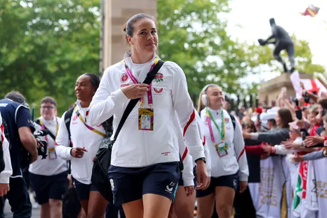 Emily Scarratt of England arrives
