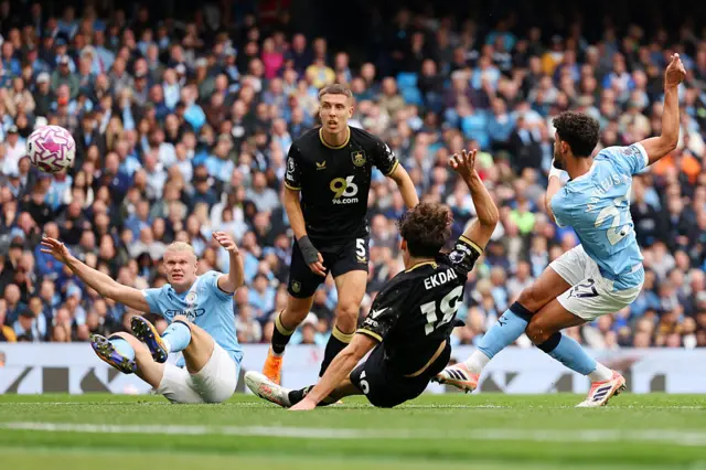 Matheus Nunes of Manchester City scores his team's second goal during the Premier League match between Manchester City and Burnley at Etihad Stadium on September 27, 2025 in Manchester, England.