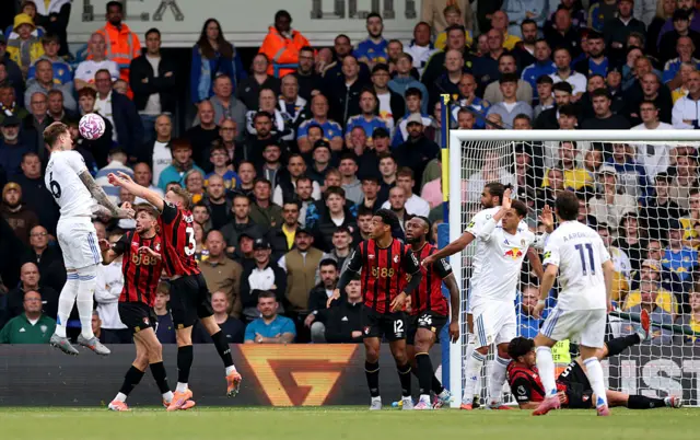 Joe Rodon of Leeds United scores his team's first goal during the Premier League match between Leeds United and Bournemouth at Elland Road on September 27, 2025 in Leeds, England.