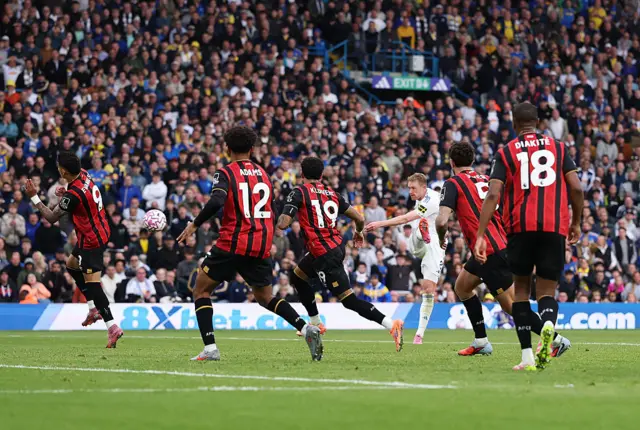 Sean Longstaff of Leeds United scores his team's second goal during the Premier League match between Leeds United and Bournemouth at Elland Road on September 27, 2025 in Leeds, England.