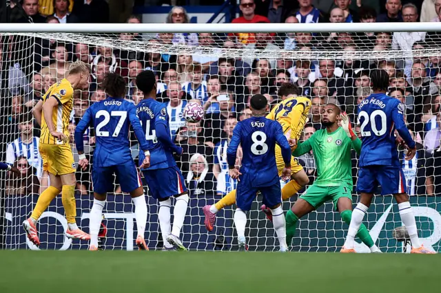 Brighton's Belgian defender #29 Maxim De Cuyper scores the team's second goal