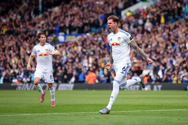 Joe Rodon of Leeds United celebrates scoring his team's first goal during the Premier League match between Leeds United and Bournemouth at Elland Road on September 27, 2025 in Leeds, England.