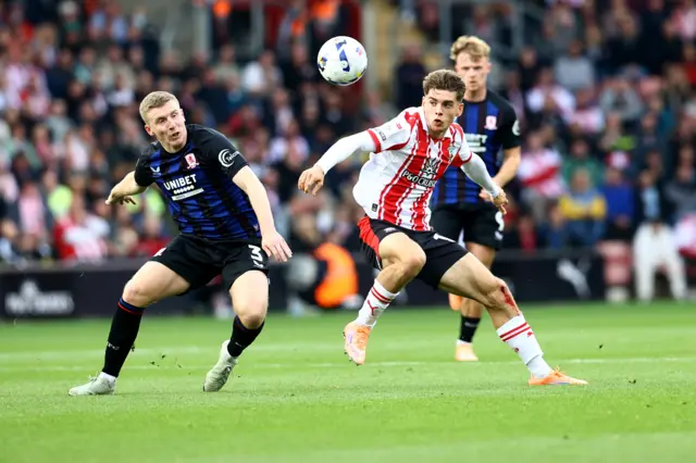 Matt Targett (L) of Middlesbrough and Tom Fellows of Southampton
