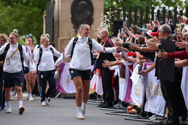 Zoe Aldcroft of England greets fans