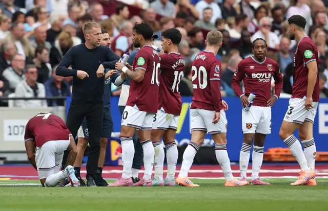 West Ham United manager Graham Potter gives instructions to his players