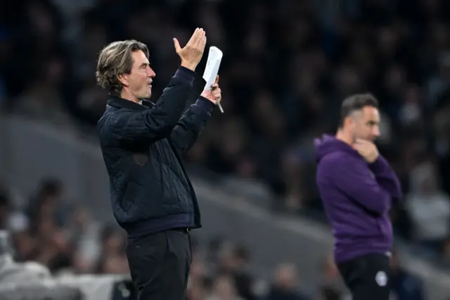 Tottenham Hotspur manager Thomas Frank reacts