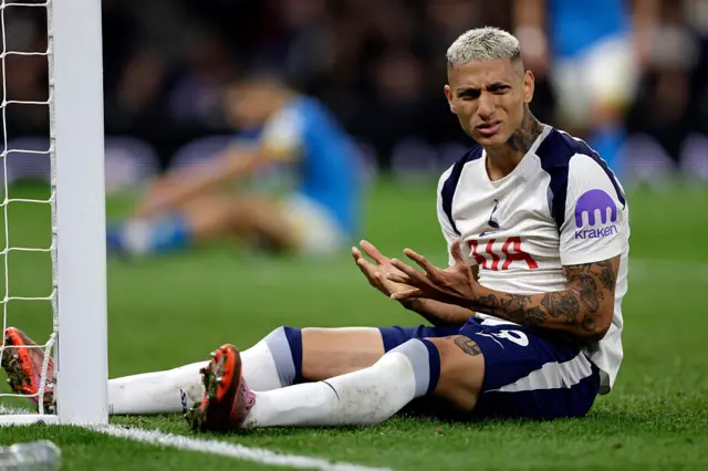 Tottenham Hotspur's Brazilian striker #09 Richarlison reacts after failing to score