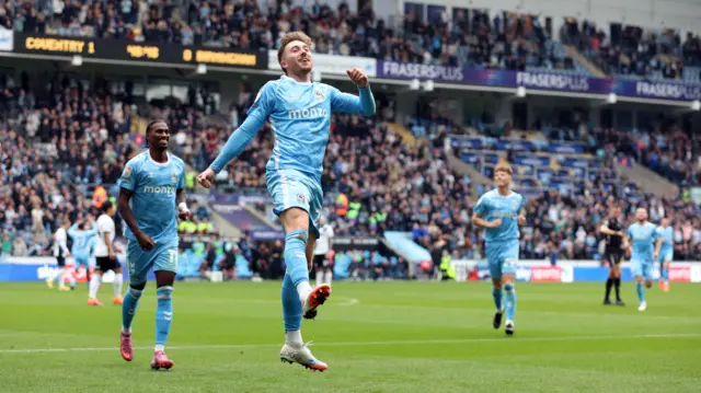 Josh Eccles of Coventry City celebrates the second goal, an own goal scored by Bright Osayi-Samuel of Birmingham City