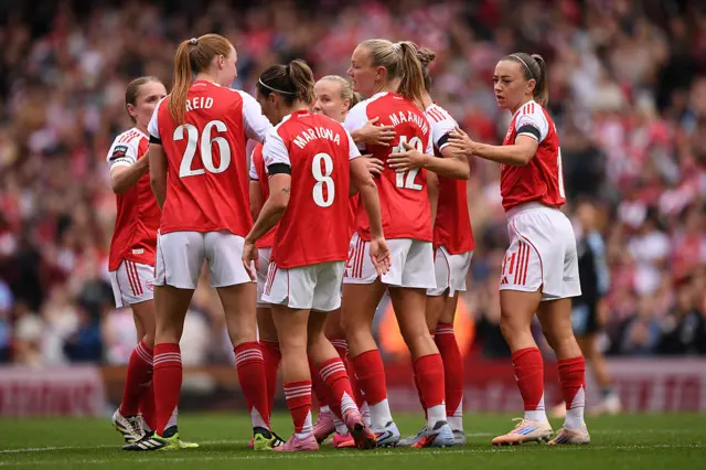 Frida Maanum of Arsenal celebrates scoring her team's first goal with teammates during the Barclays Women's Super League match between Arsenal and Aston Villa at Emirates Stadium on September 27, 2025 in London, England.