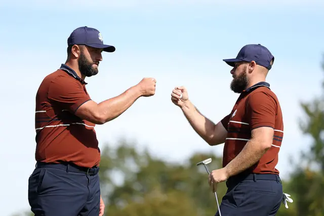 Jon Rahm and Tyrrell Hatton in the Saturday Foursomes on day two of the 2025 Ryder Cup