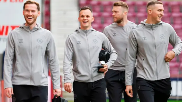 Hearts players arriving at Tynecastle this afternoon