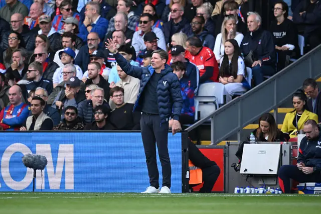 Oliver Glasner, Manager of Crystal Palace, reacts during the Premier League match between Crystal Palace and Liverpool at Selhurst Park on September 27, 2025 in London, England.