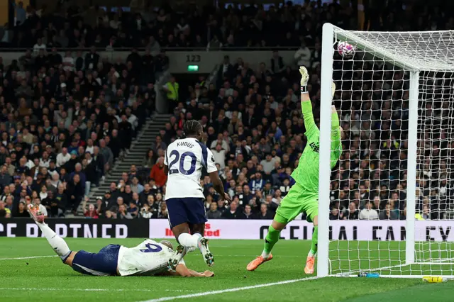 Mohammed Kudus of Tottenham Hotspur heads on to the crossbar