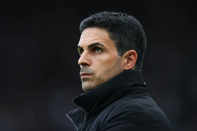 Mikel Arteta, head coach of Arsenal looks on