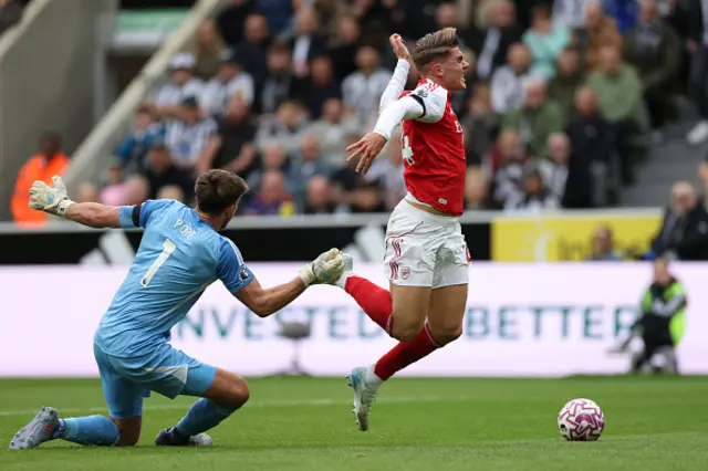 Viktor Gyoekeres of Arsenal is fouled by Nick Pope