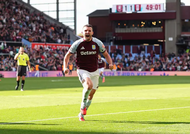 John McGinn of Aston Villa celebrates scoring his team's second goal during the Premier League match between Aston Villa and Fulham at Villa Park on September 28, 2025 in Birmingham, England.
