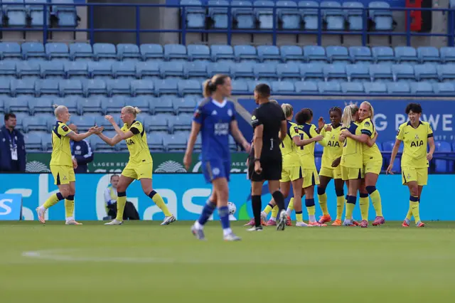 Cathinka Tandberg of Tottenham Hotspur celebrates scoring her team's first goal with teammates during the Barclays Women's Super League match between Leicester City and Tottenham Hotspur at The King Power Stadium on September 28, 2025 in Leicester, England.