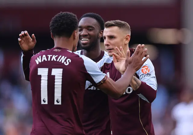 Aston Villa celebrate after scoring against Fulham at Villa Park