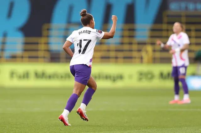 Nikita Parris of London City Lionesses celebrates scoring her team's first goal during the Barclays Women's Super League match between Manchester City and London City Lionesses at Joie Stadium on September 28, 2025 in Manchester, England.