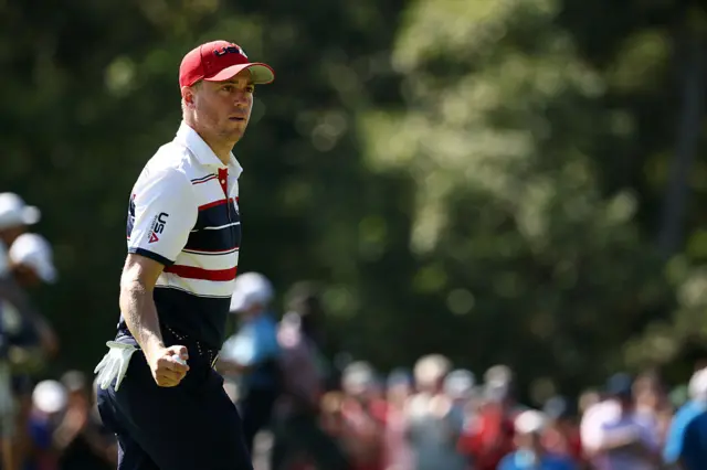 Justin Thomas in the Sunday Singles on day three of the 2025 Ryder Cup