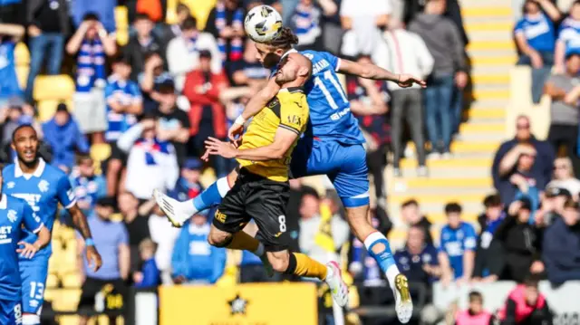 Rangers' Thelo Aasgaard and Livingston's Scott Pittman contest an aerial ball