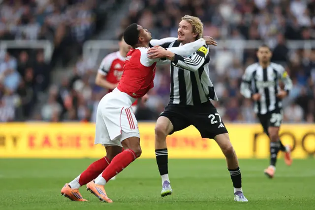 Gabriel of Arsenal tussles with Nick Woltemade of Newcastle United