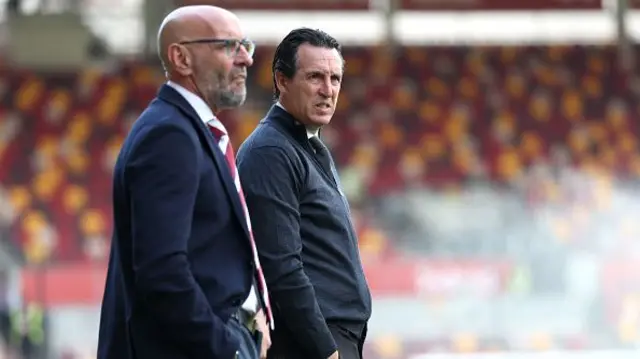 Unai Emery, Manager of Aston Villa, looks on alongside Ramon Rodriguez Verdejo 'Monchi', President of Football Operations