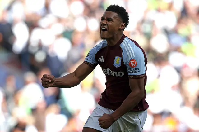 Ollie Watkins celebrates after equalising for Aston Villa against Fulham at Villa Park