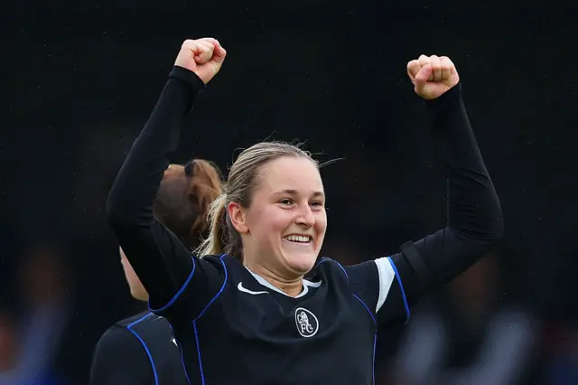 Wieke Kaptein of Chelsea celebrates scoring her team's fourth goal during the Barclays Women's Super League match between West Ham United and Chelsea FC at Chigwell Construction Stadium on September 28, 2025 in Dagenham, England.