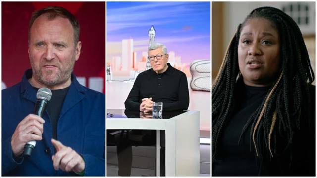 Composite image of today's panel. From left to right, Gary Smith speaking into a microphone, Sir Alan Johnson on a previous Sunday with Laura Kuenssberg,  Bell Ribeiro-Addy in a television interview.