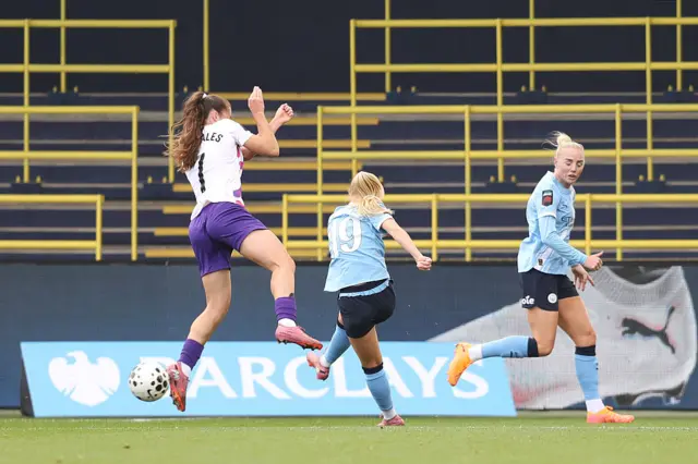 Laura Blindkilde Brown of Manchester City scores her team's second goal during the Barclays Women's Super League match between Manchester City and London City Lionesses at Joie Stadium on September 28, 2025 in Manchester, England.