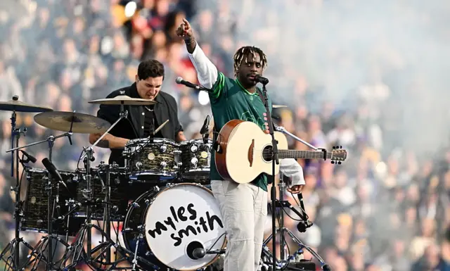 Artist Myles Smith performs during the halftime show during the 2025 NFL International Game between the Pittsburgh Steelers and the Minnesota Vikings at Croke Park in Dublin.