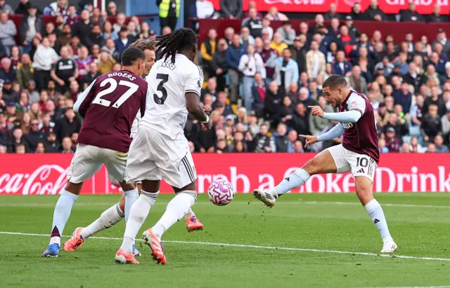 Emiliano Buendia scores to make it 3-1 to Aston Villa against Fulham at Villa Park.