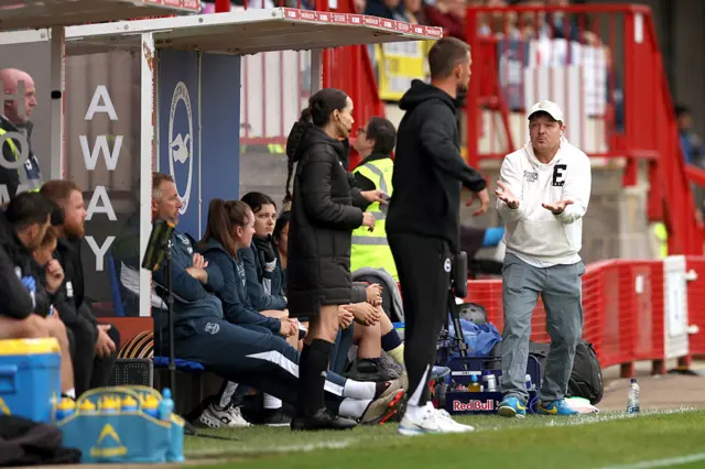 Brian Sorensen, Manager of Everton, reacts to the forth official during the Barclays Women's Super League match between Brighton & Hove Albion and Everton at Broadfield Stadium on September 28, 2025 in Crawley, England.