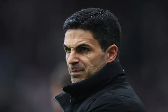 Mikel Arteta, Manager of Arsenal, looks on