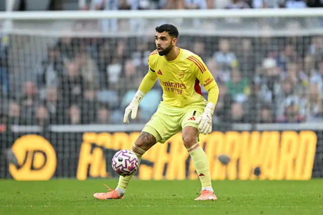 David Raya of Arsenal controls the ball