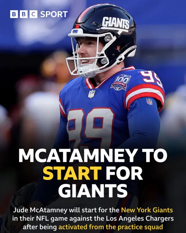 Jude McAtamney set to start NFL game for the New York Giants