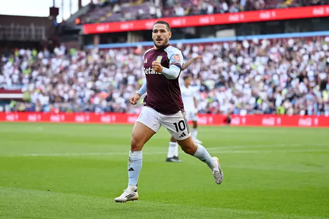 Emiliano Buendia celebrates after making it 3-1 to Aston Villa against Fulham at Villa Park