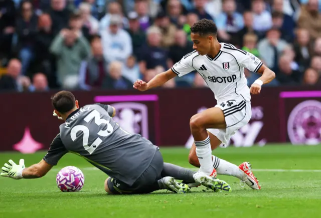 Josh King of Fulham and Emiliano Martinez of Aston Villa