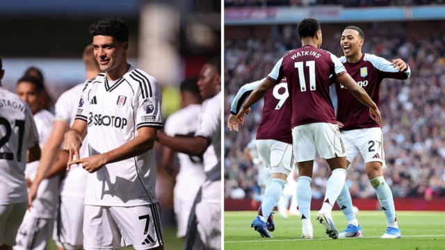 Raul Jimenez celebrates after scoring the opener for Fulham against Aston Villa, Aston Villa celebrate after equalising against Fulham