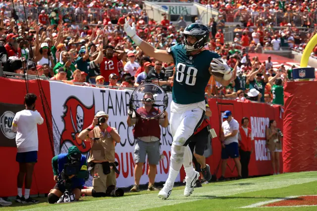Dallas Goedert #88 of the Philadelphia Eagles celebrates a touchdown against the Tampa Bay Buccaneers