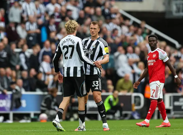 Newcastle United's Nick Woltemade celebrates scoring the opening goal with Dan Burn