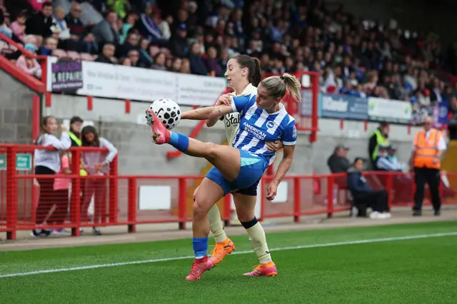 Jelena Cankovic of Brighton & Hove Albion is put under pressure by Clare Wheeler of Everton during the Barclays Women's Super League match between Brighton & Hove Albion and Everton at Broadfield Stadium on September 28, 2025 in Crawley, England.