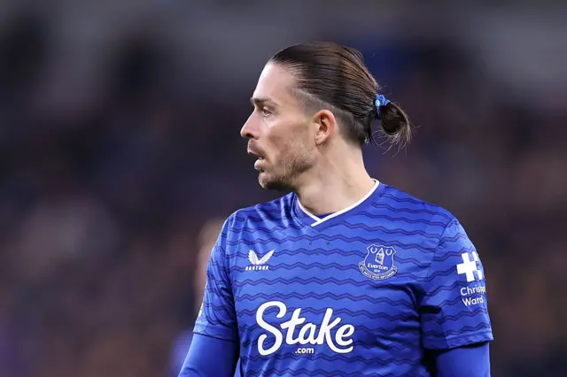 Jack Grealish of Everton looks on during the Premier League match between Everton and West Ham United at Hill Dickinson Stadium on September 29, 2025 in Liverpool, England.
