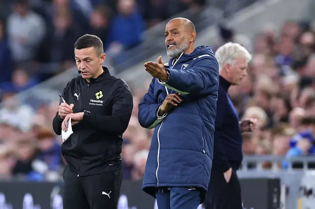Nuno Espírito Santo the manager / head coach of West Ham United reacts during the Premier League match between Everton and West Ham United at Hill Dickinson Stadium on September 29, 2025 in Liverpool, England.