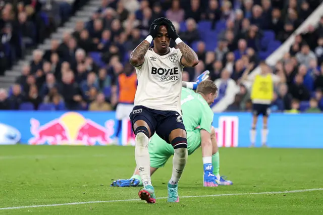 Crysencio Summerville of West Ham United reacts after a missed chance during the Premier League match between Everton and West Ham United at Hill Dickinson Stadium on September 29, 2025 in Liverpool, England.