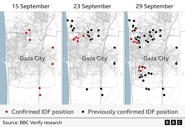 Three maps showing confirmed IDF positions on 15, 23 and 29 September