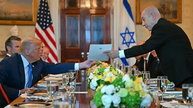 Donald Trump in a blue suit sat at a large brown wooden table. His arm is outstretched as he takes a letter from Benjamin Netanyahu who is wearing a black suit. There are green, white and yellow flowers on the table along with a row of glasses. In the background are the US and Israeli flags on either side of brown double doors.