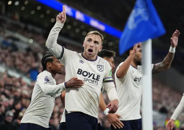 West Ham United's Jarrod Bowen celebrates scoring their side's first goal of the game during the Premier League match at the Hill Dickinson Stadium, Liverpool