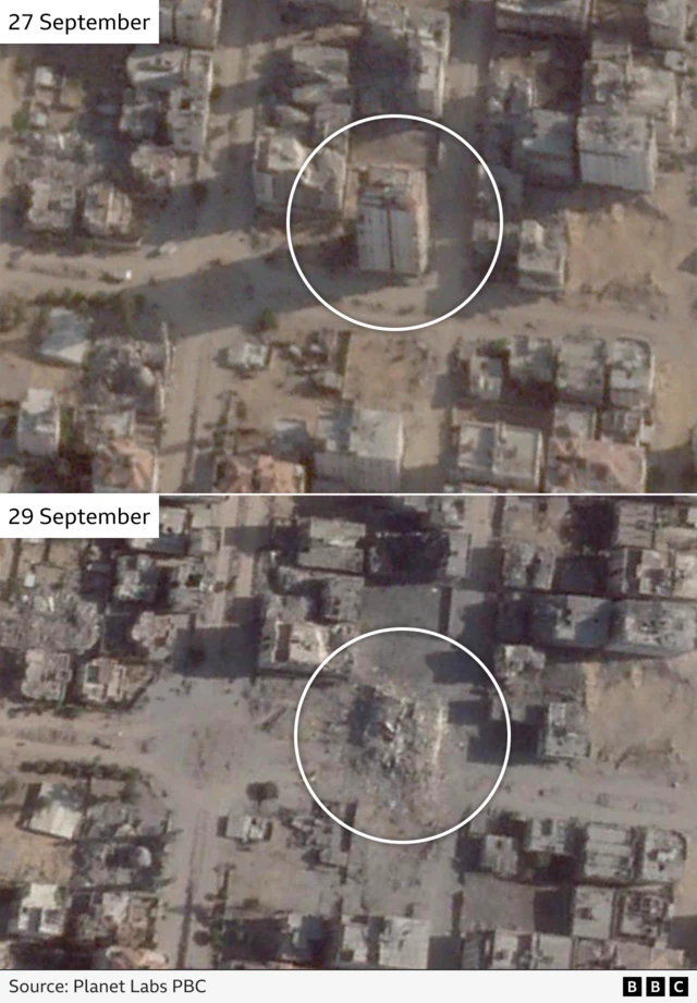 Annotated satellite imagery showing the tower standing in the top image from 27 September and reduced to rubble on 29 September